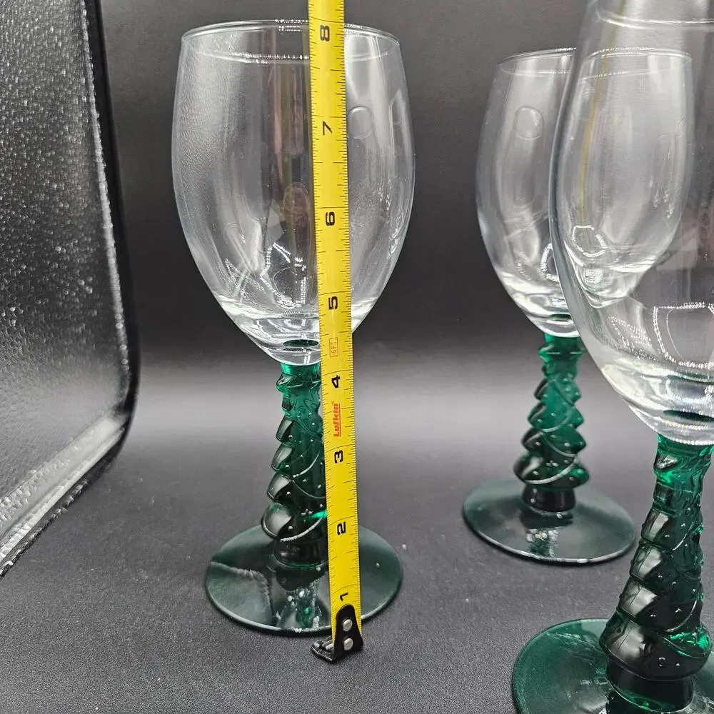 Libbey Green Christmas Tree Stem Wine Glasses Vintage Holiday Set